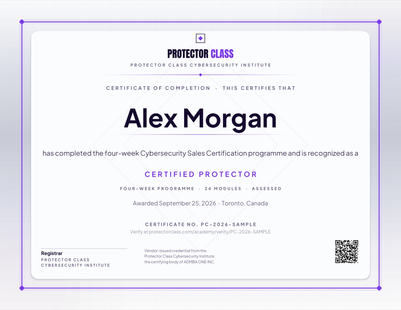 Sample Protector Class certificate of completion, Certified Protector
